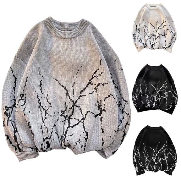 Hinvhai Men's Oversized Sweater Y2K Aesthetic Flame Graphic Crewneck Knit Pullover Unisex Casual Sweaters White 8(XL)