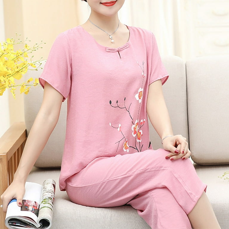 Tnhcen Women's Summer Linen-Like 2-Piece Pajamas Set Short