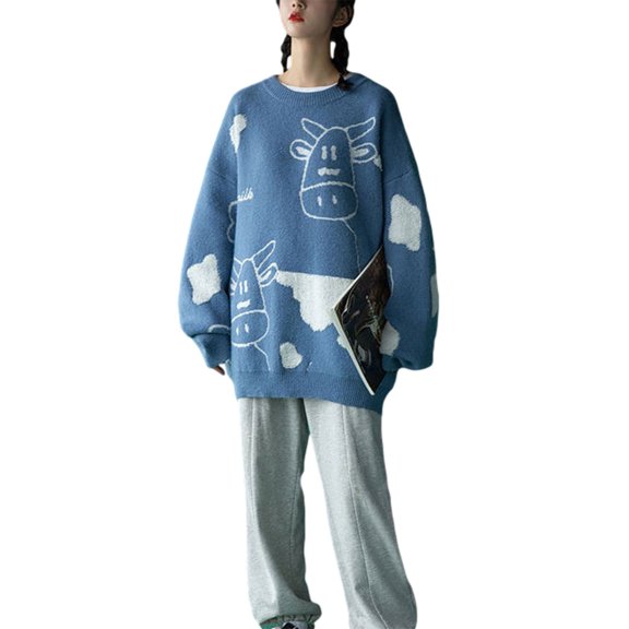 One opening Women's Harajuku Sweaters Vintage Casual Loose Lazy Cow Sweater Korean Japanese Kawaii Cute Ulzzang Clothing for Teen Girls