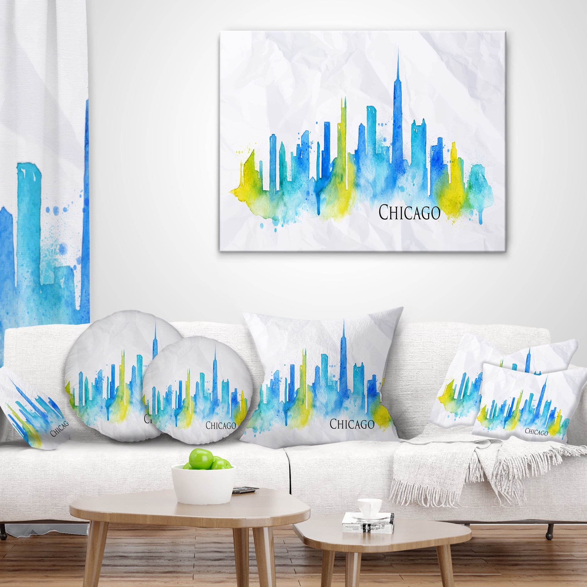 Designart Chicago Blue Green Silhouette - Cityscape Throw Pillow - 12x20