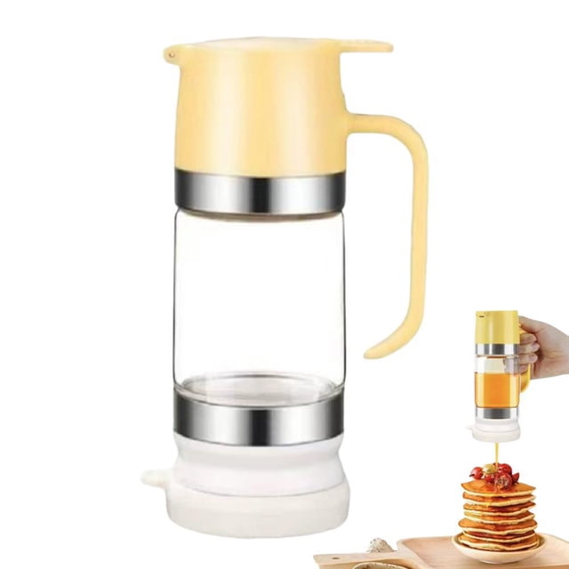 Effortless No-Drip Honey Dispenser, Clear Glass Syrup Jar Container with Stand, One-Hand Press-Type Maple & Liquid Condiment Server, Mess-Free Breakfast Accessory
