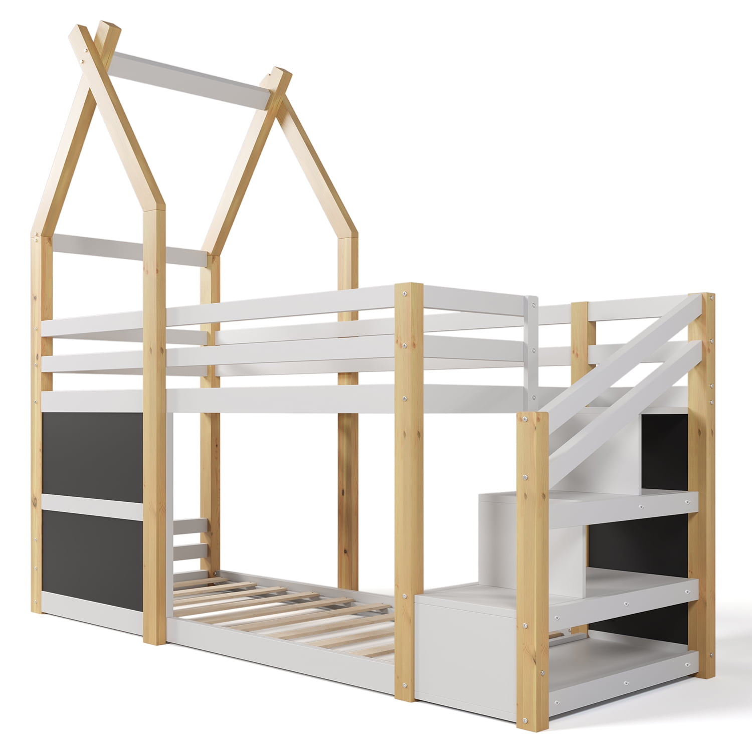 Spaco Bunk Bed Frame with Storage Stairs, House Bunk Bed Twin Over Twin for Boys Girls, Kids, White and Natural Spaco Bunk Bed Frame with Storage Stairs, House Bunk Bed Twin Over Twin for Boys Girls, Kids, White and Natural