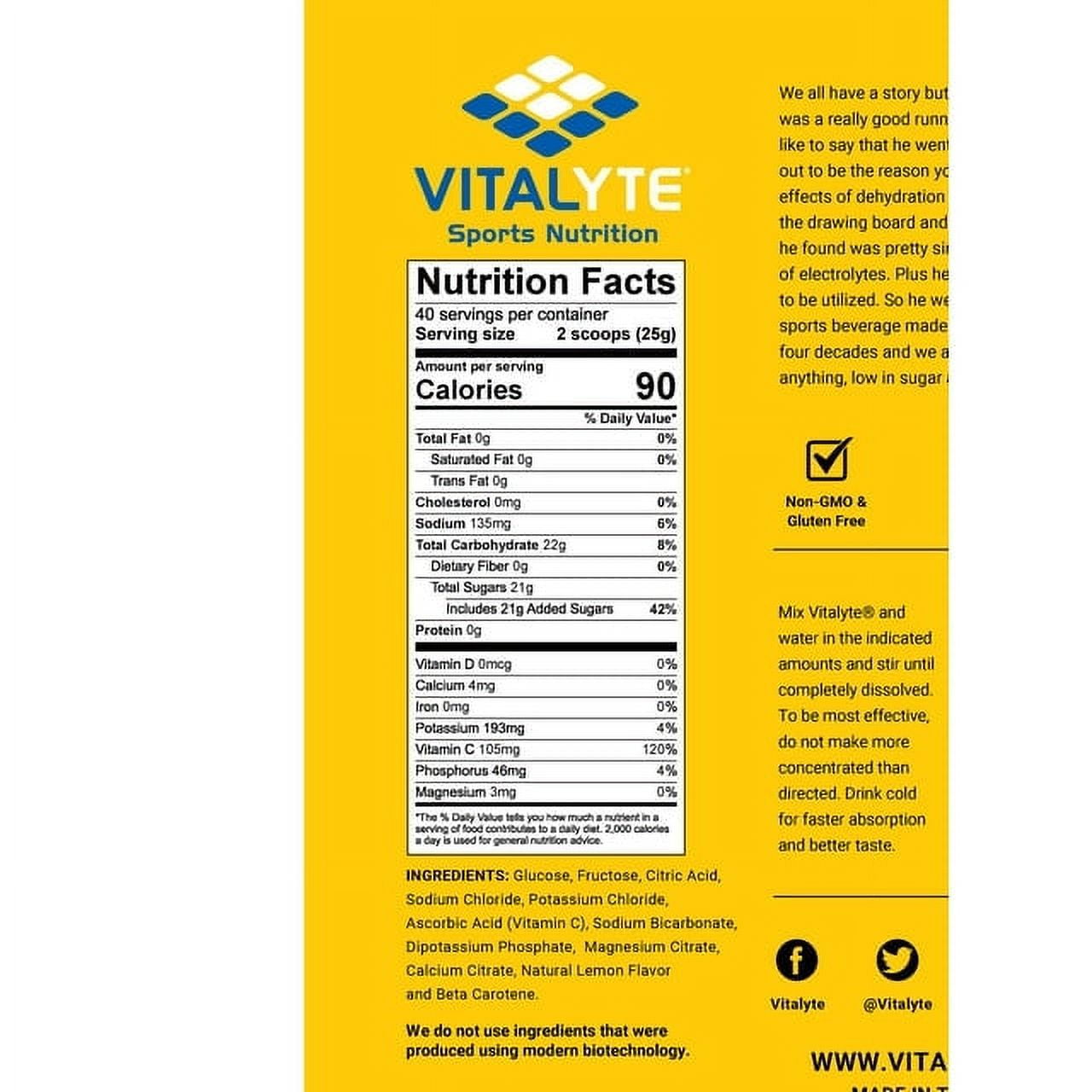 Vitalyte Lemon Electrolyte Powder Mix, Isotonic Hydration, 160 Servings (4-Pack, 35 oz each)