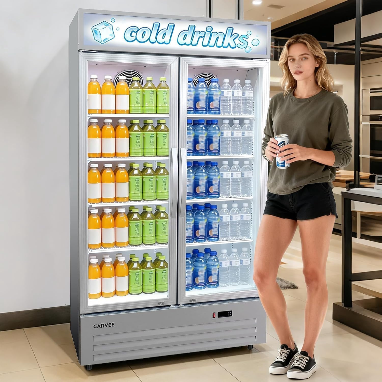 34.8 Cu.ft Commercial Beverage Fridge, Double Glass Door Display Refrigerator with Adjustable Shelves, Customizable LED Lightbox & Frost-Free System, Beverage Cooler for Restaurant Bar Store, Silver