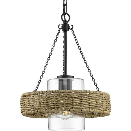 

Pembroke Collection One-Light 18.5 Matte Black Coastal Outdoor Pendant with Mocha Rattan Accents and Seeded Glass Shade