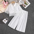 thumbnail image 2 of Summer Bohemian Outfits for Girls Short Sleeve Lapel Lace Button Down Shirts High Waist Pleated Pants Sets White 5-6 Years, 2 of 9
