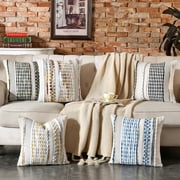 Fancy Homi 2 Pc Textured Chenille Throw Pillow Cover, 16x16 Inch, Boho Sky Blue Striped Decorative Cushion Case for Couch Living Room Bed