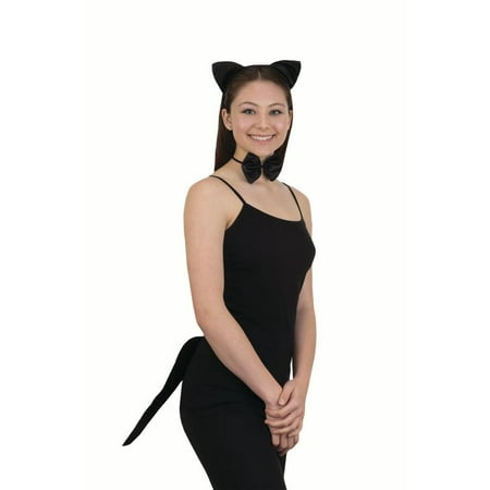Womens Black Cat Set Satin Ears Headband Bow Tie Velvet Tail Costume Accessory