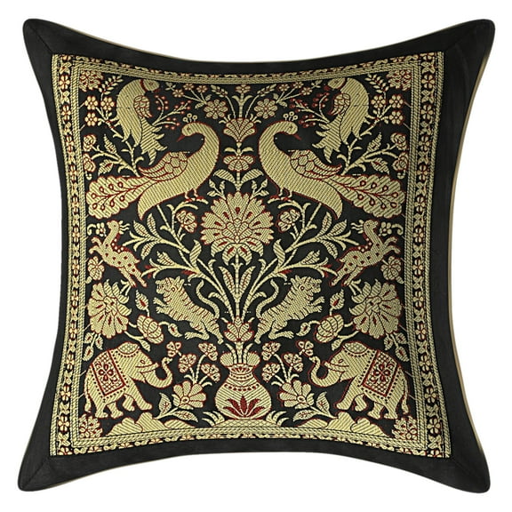 Stylo Culture Ethnic Decorative Throw Pillow Cover 12 x 12 Jacquard Peacock Black Square 30x30 cm Home Decor Brocade Elephant Zippered Cushion Cover | 1 Pc