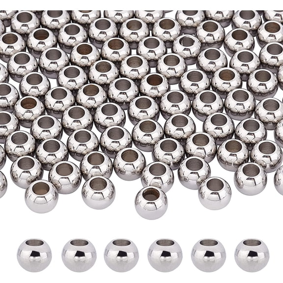 100Pcs 8mm Round Metal Beads Stainless Steel Spacer Beads Large Hole Metal European Beads Seamless Beads Ball Loose Beads