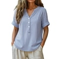 thumbnail image 2 of CQONEPT Plus Size Linen Shirts for Women Cotton Striped Henley Neck Button Up Tops Summer Short Sleeve Loose Fit Tunic Blouse Tops Sky Blue XL, 2 of 7