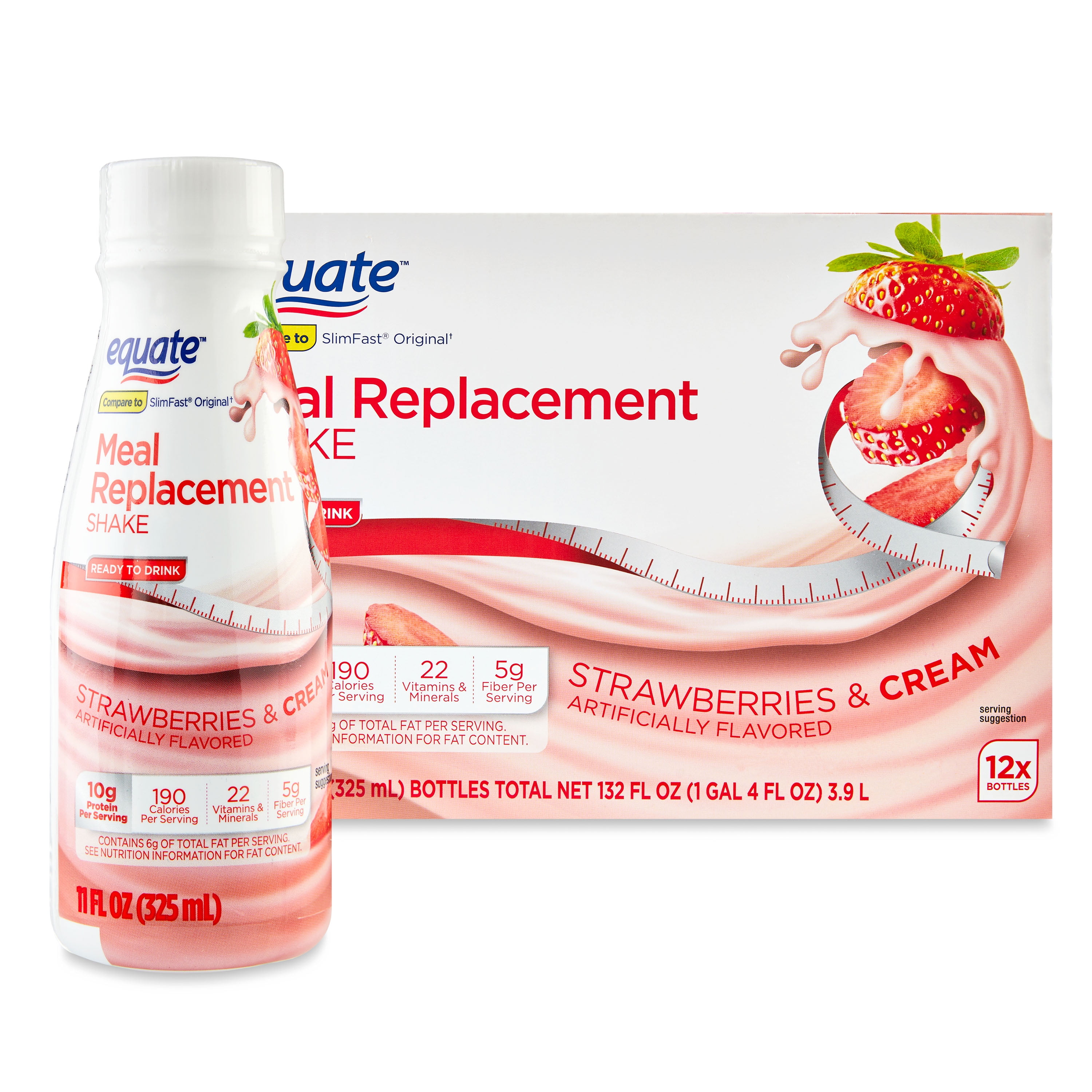 Equate Strawberry Meal Replacement Shake, 11 fl oz, 12 Pack