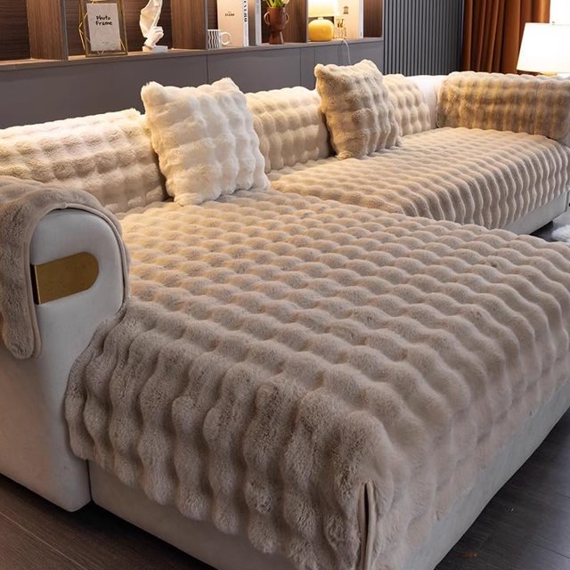 Thick Rabbit Plush Sofa Covers,Non Slip Faux Fur Sofa Cover for L Shape Sectional Sofa Slipcover, Furniture Protector Fluffy Slipcovers for Living Room (Khaki,70 * 180cm/27.5 * 70.9in)