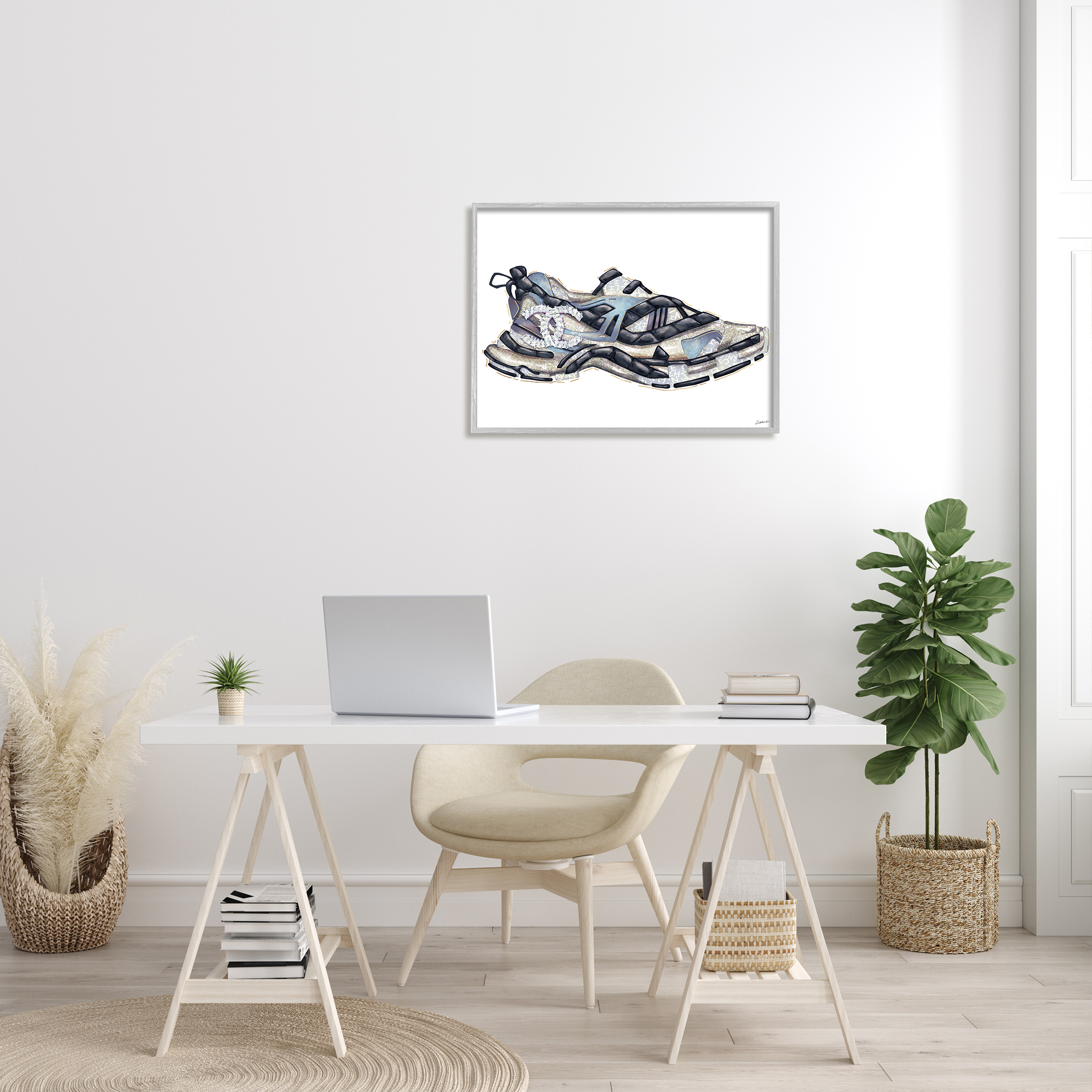 Stupell Industries Glam Fashion Running Shoe Sports Chic Sneaker Beauty & Fashion Painting Gray Framed Art Print Wall Art, 24 x 30