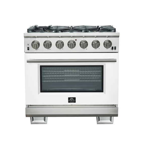 Forno Capriasca 36-Inch Gas Range, Stainless Steel, 6 Brass Burners, 120,000 BTU, Convection Oven, Energy Efficient, White Door