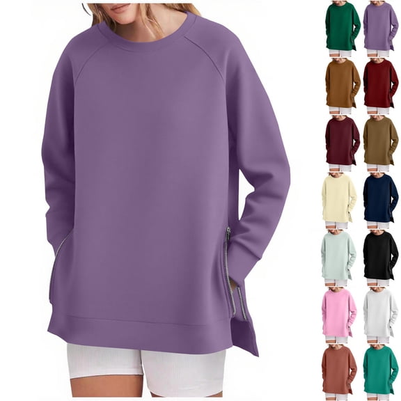 NuoCaiYun Fashionable Women'S Long-Sleeve Solid Color Round Neck Pullover with Side Zipper Loose and Casual Sweatshirt