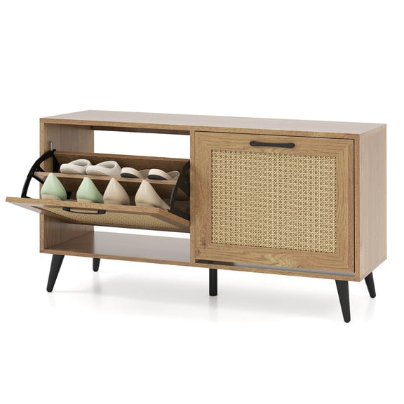 Costway Rattan Shoe Storage Cabinet with 2 Flip Drawers Adjustable Shelves Solid Metal Legs Natural