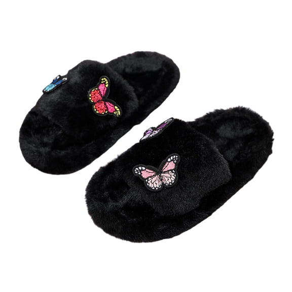 XIYON Girls Slippers Embroidered Butterfly Fuzzy Slippers Kids Open Toe Slippers Warm Soft Indoor House Shoes