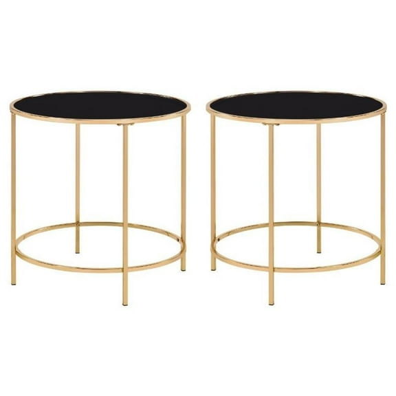 Home Square Contemporary Black Glass Top Side Table in Champagne - Set of 2