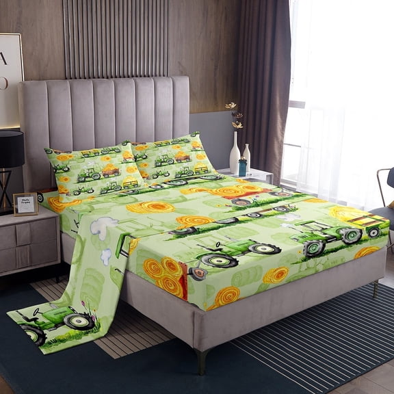 Erosebridal Cartoon Truck Bed Sheets King,Green Golden Bedding King Size,Farmhouse Decoration,Super Cozy,4pcs