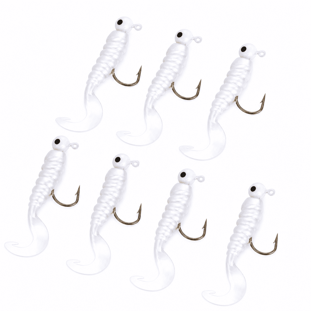 GARDVORA Lures Fishing Jigs Hooks Kit- Soft Plastic Grub Tail Worm Lure Bait Crappie Jigs Buster Tubes Baits for Bass Trout Saltwater Freshwater Fishing 7Pcs White