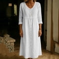 thumbnail image 4 of Ohufall Women Dresses Cotton Linen Button Crew Neck Long Sleeve Dress Pleated Loose Comfort Casual Maxi Dress, 4 of 6