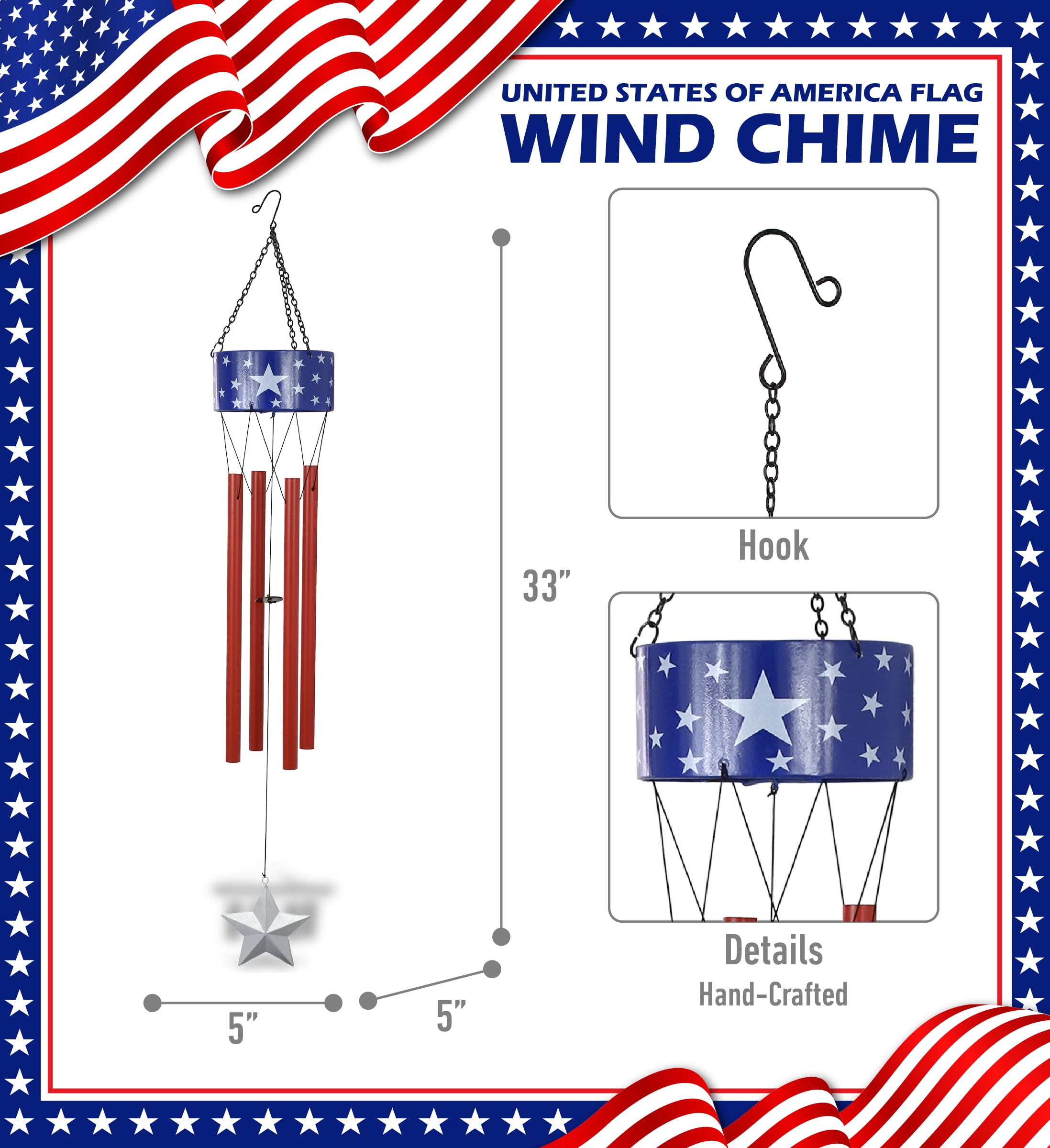 CoTa Global USA Flag Stars Wind Chime - American Flag Patriotic Indoor or Outdoor Windchime Home Decor with Hanging Bells, Handcrafted Glass and Metal Wind Chimes for Yard, Garden, Porch – 33 Inches