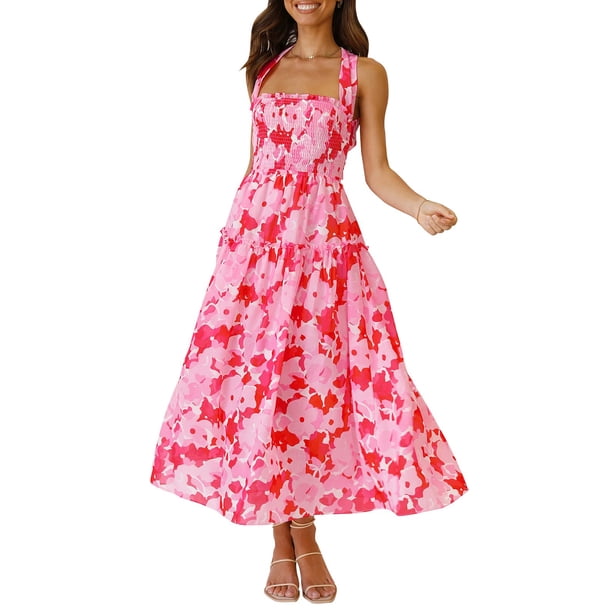 VISgogo - Vestido sin mangas para mujer, color sólido/estampado, busto fruncido, escote cuadrado, espalda abierta VISgogo moda
