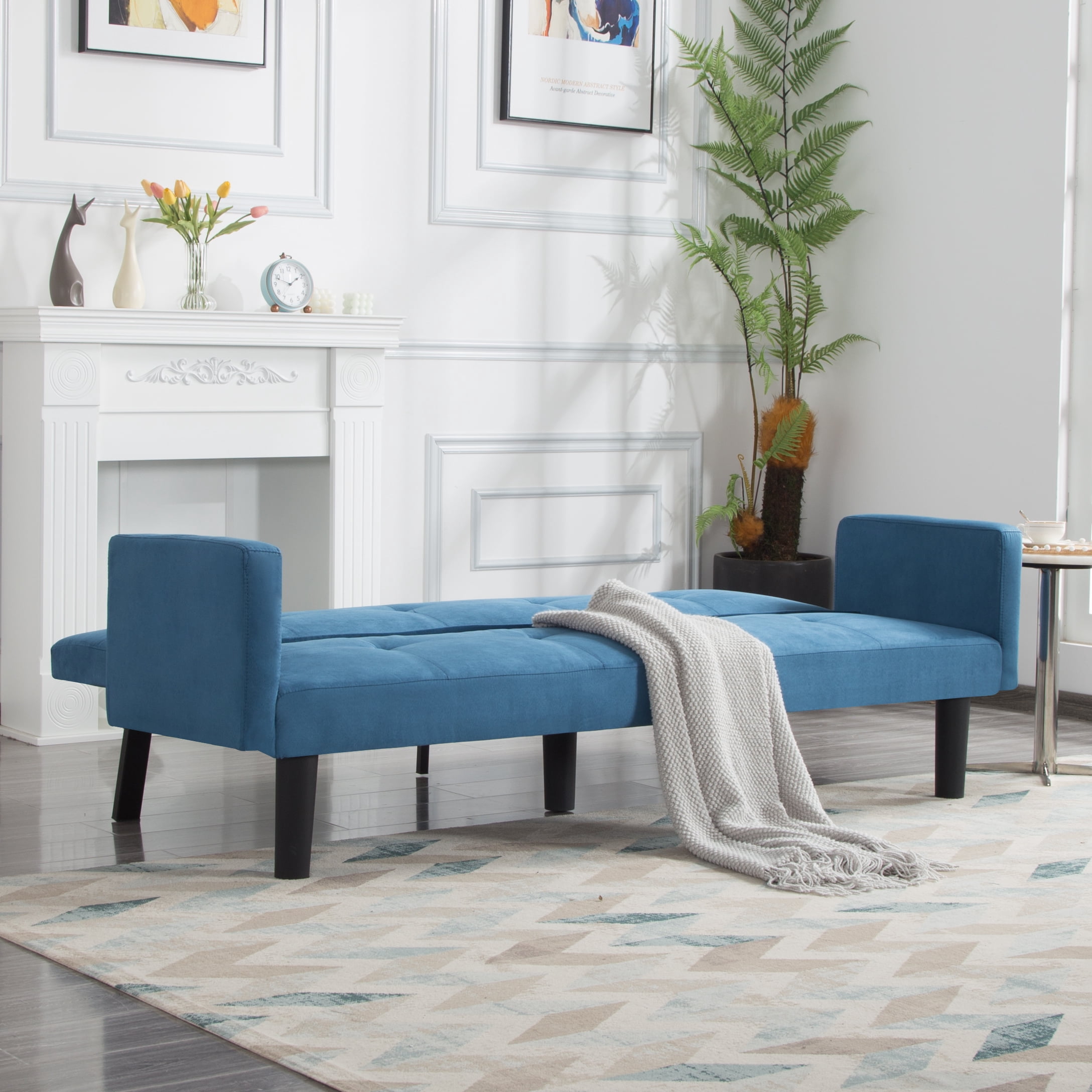 Gewnee 73.6" Modern Faux Suede Futon Sofa Bed, Convertible Couch with 3-Position Backrest, Twin Sleeper for Living Room/Apartment/Dorm, Blue