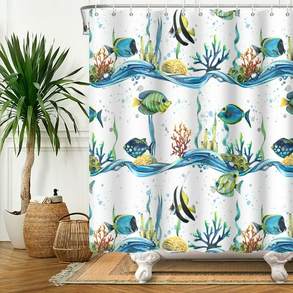 SUNOLIFE Ocean Fish Shower Curtain Nautical Coastal Waterproof Fabric Bathroom Curtain with Hooks,72x72 in