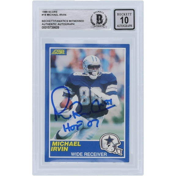 Michael Irvin Dallas Cowboys Autographed 1989 Score #18 Beckett Fanatics Witnessed Authenticated 10 Rookie Card with "HOF 07" Inscription - Fanatics Authentic Certified
