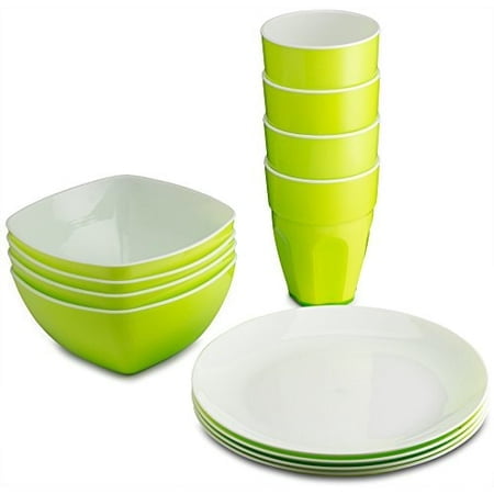 PLASTI HOME Reusable Plastic Dinnerware Set (12pcs) 鈥?Ideal For Kids. Fancy Hard Plastic Plates, Bows & Cups In Green Colors 鈥?Microwaveable & Dishwas