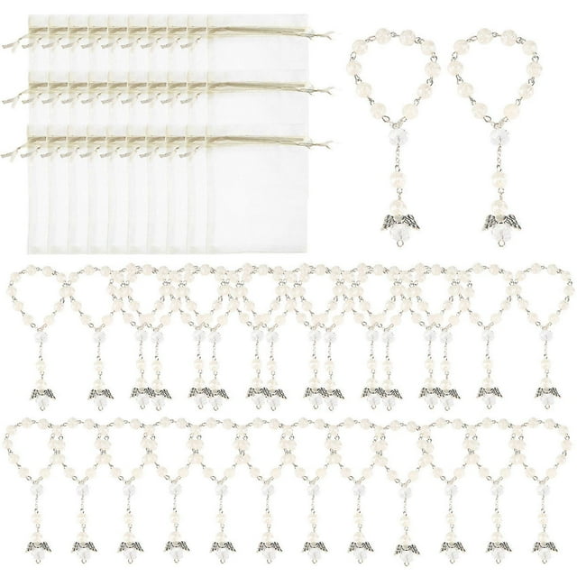 30 Pcs Baptism Acrylic Rosary Beads Mini Rosaries Angel with Organza Bags for The First Communion Baptism Party Favors