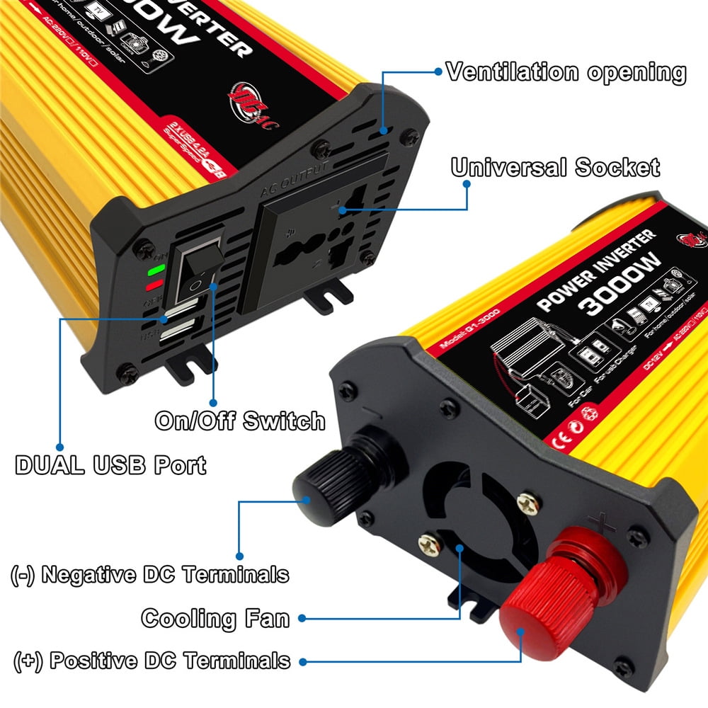 OTVIAP 3000 Watts Power Inverter, DC 12v To AC 110V  Car Inverter Dual With 4.1A 2 USB Ports