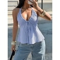thumbnail image 6 of Women Striped Front Tie Top Y2k Halter Neck Flowy Summer Going Out Tank Top Streetwear Light Blue L, 6 of 9