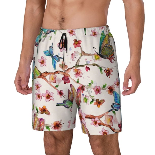 Fotbe Watercolor Floral With Butterflies Traje de Baño para Hombre – Shorts de Natación de Secado Rápido con Forro y Bolsillos-Medium