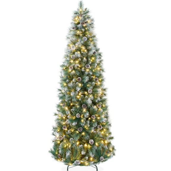 Best Choice Products 6ft Frosted Pre-Lit Artificial Scotch Pine Pencil Christmas Tree w/ 150 LED Lights, Metal Stand