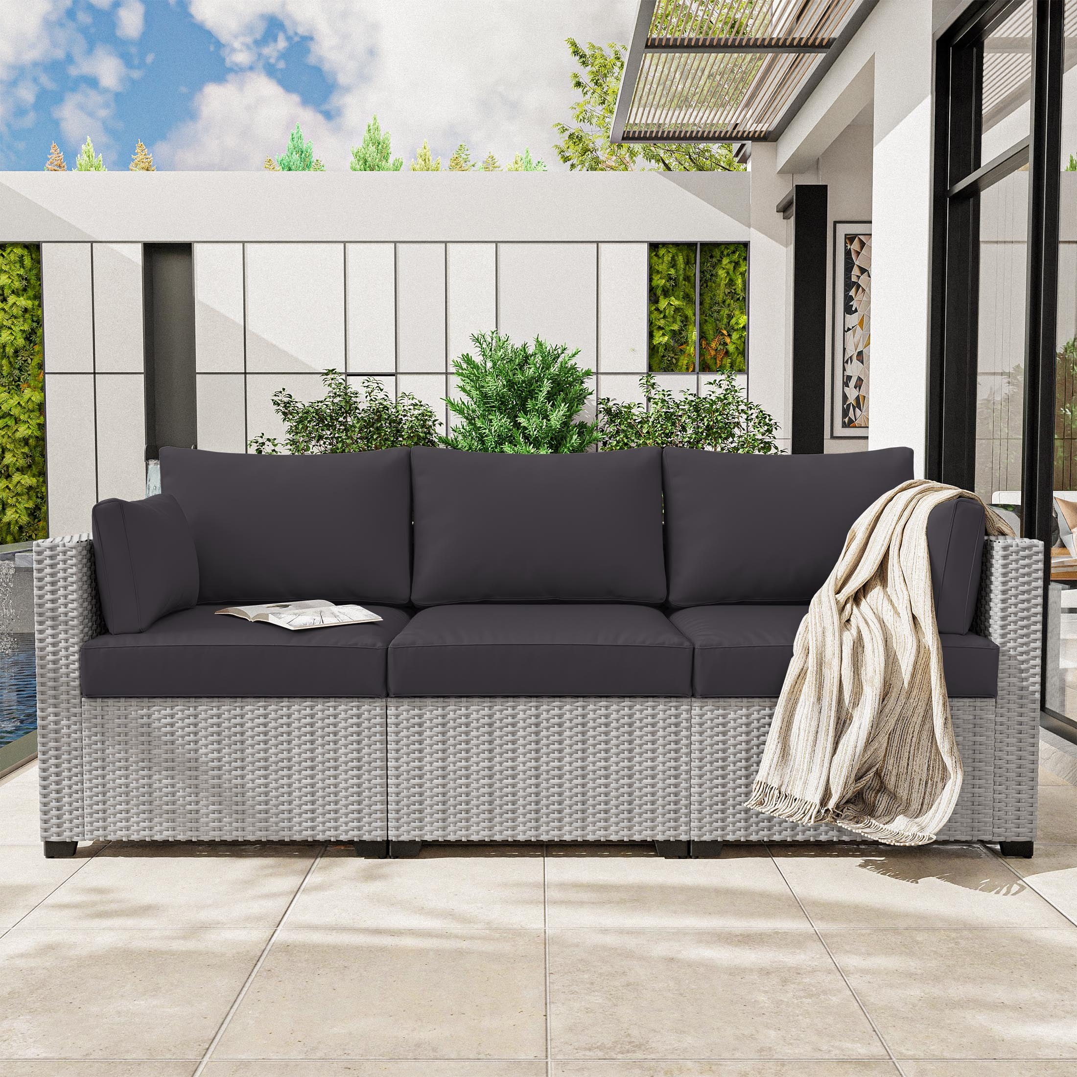 Pakunoda Outdoor Cushions Replacement, 8 Piece Sectional Cushion Fits 3-Seat, 4” Foam Deep Seat, for Patio Rattan Wicker Replacement Cushion, Liner&Cover, Grey