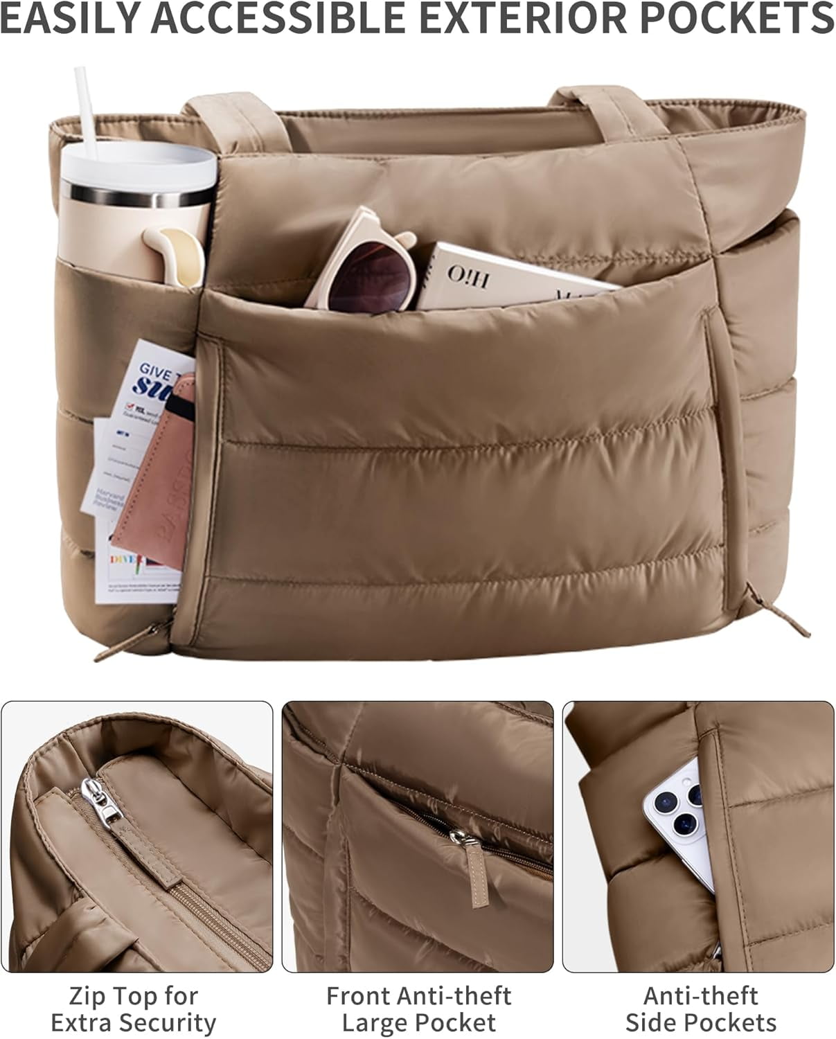 ZUTOYBOLIN Puffer Tote Bag for Women, Lightweight Puffy Work Handbag Teacher Nurse Quilted Shoulder , Daily College Bags, 15.6" Computer Bag, Clinical Nursing Bag, Ideal Gift for Women.Khaki