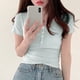 thumbnail image 3 of Camiseta de verano ajustada con ribete de encaje para mujer, de manga corta, cuello redondo, en tonos lisos, azul, talla L, 3 of 8