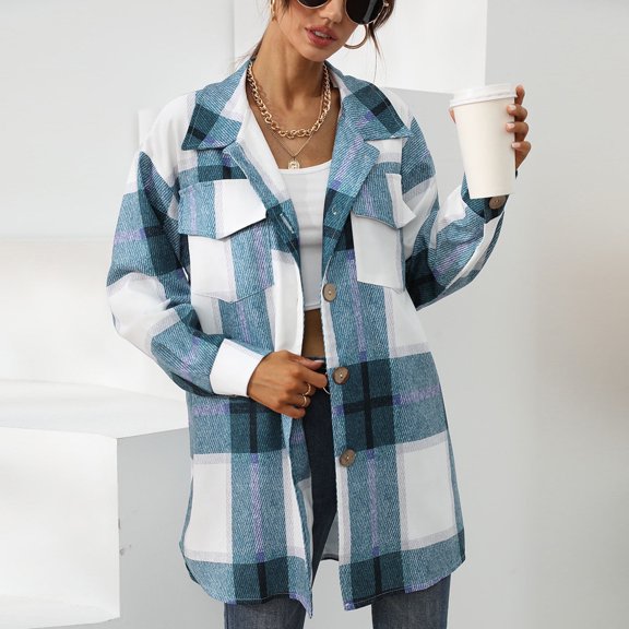 symoid Womens Coats & Jackets- Fashion Casual Pockets Printed Long Sleeve Tops Jacket Plaid Coat Blue L
