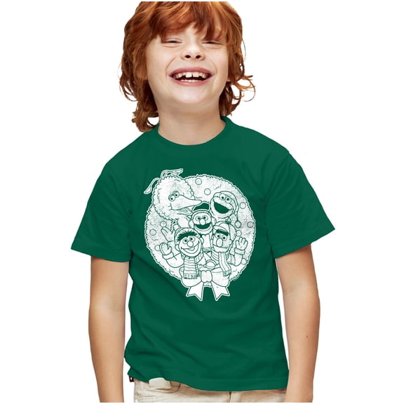 Sesame Street Vintage Christmas Wreath Kids T Shirt for Youth Boys and Girls, Hunter Green, Small