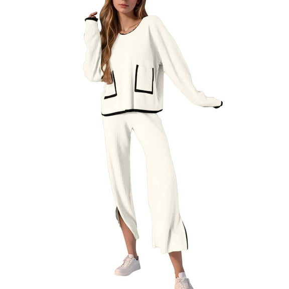YUGYXL Women's 2 Piece Ribbed Knit Lounge Sets Long Sleeve Patchwork Sweater Pocket Tops Wide Leg Slit Pants Tracksuit Outfits White XXL