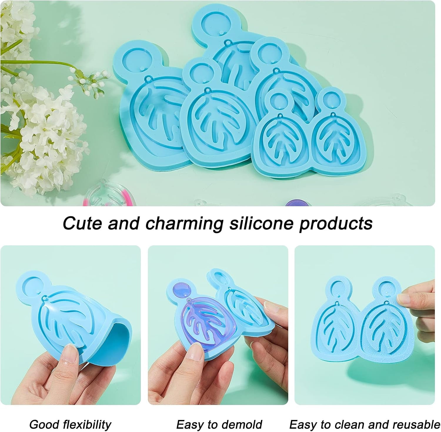 6Pcs 3 Sizes DIY Leaf Dangle Stud Earrings Silicone Molds Deep Sky Blue Resin Casting Molds DIY