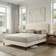 thumbnail image 2 of Upholstered Queen Platform Bed Frame,Tufted Channel Headboard, Mid-Century Bedroom Furniture,Queen Bed Frame Wood Slats,Modern Soft Boucle,64.25" x 84.5" x 45",Cream White, 2 of 8