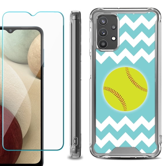 Shockproof Bumper Phone Case for Samsung Galaxy A32 5G, with Tempered Glass Screen Protector, by OneToughShield ® - Chevron/Teal/Softball