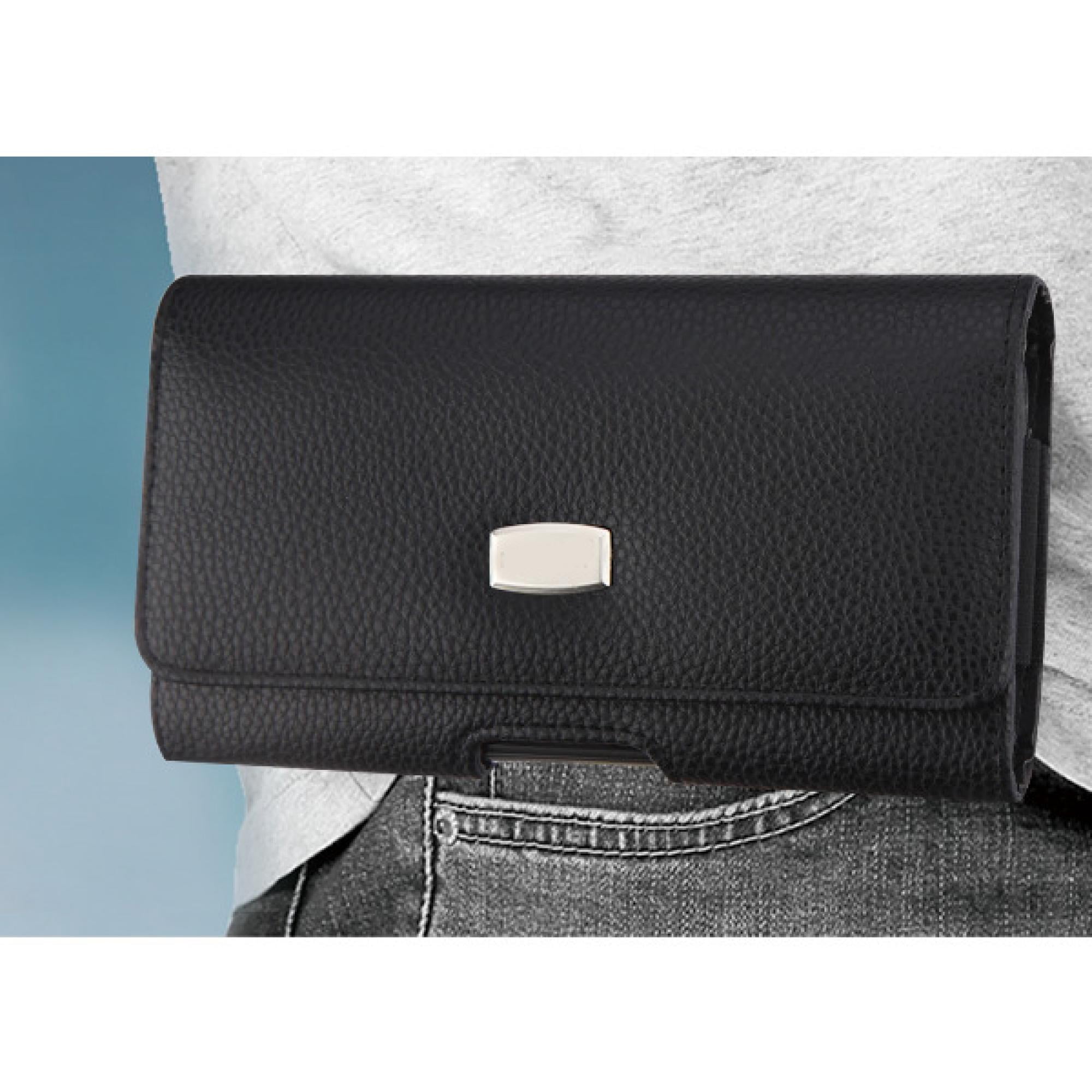 Extra-Large Horizontal Universal Phone Pouch – Black Faux Leather with Belt Clip – Fits Smartphones Up to 6.5"