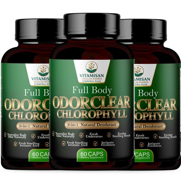 VITAMISAN OdorClear Chlorophyll Capsules, Herbal Internal Deodorant Supplement, 3 Bottles (180 Capsules)
