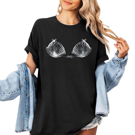 XUEMEI Going Out Tops for Women, Loose Fit Shell Boob Printed Boho Summer Graphic Tees for Women T Shirts Short Sleeve Vacation Outfits Womens Tshirts Black, L