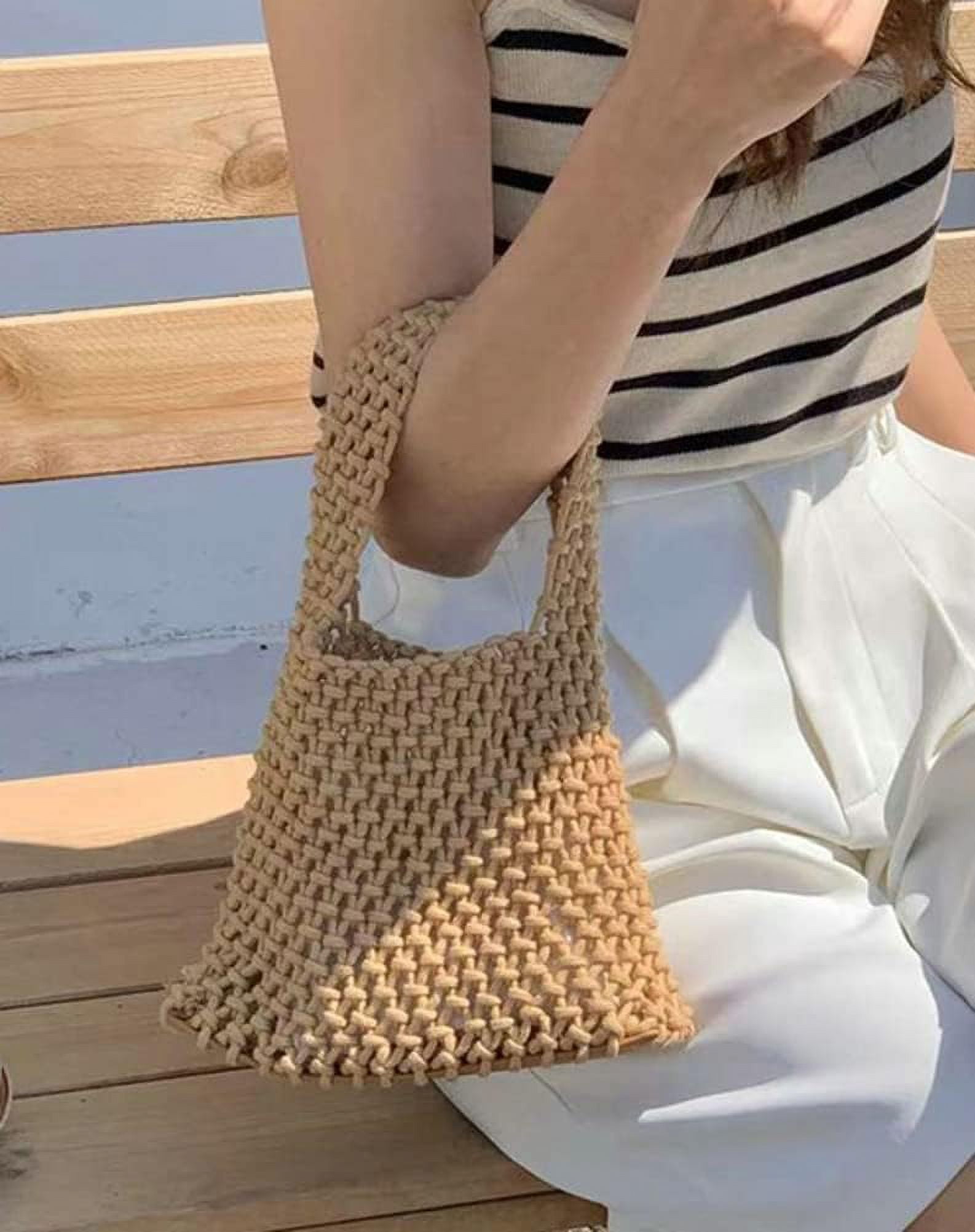 Kukuzhu Handwoven Hobo Bag for Women Bucket Bag Cotton Rope Crochet Totes Hollow String Handbags Summer Beach Purses